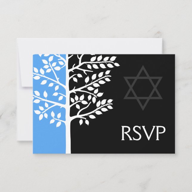 Blauer Schwarzer Baum des Lebens Bar Mitzvah UAWG RSVP Karte (Vorderseite)