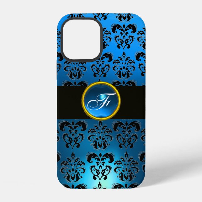 BLAUER SCHWARZER DAMAST-EDELSTEIN-MONOGRAMM  iPhone HÜLLE (Rückseite)