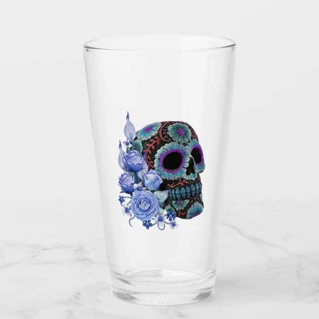 Blauer schwarzer Zucker-Schädeltag der Toten Glas (Vorderseite)