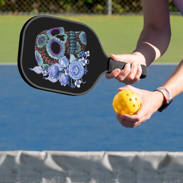 Blauer schwarzer Zucker-Schädeltag der Toten Pickleball Schläger (InSitu)