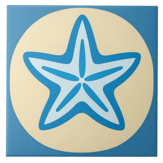 Blauer Seestern in gelbem Kreis Fliese (Vorderseite)
