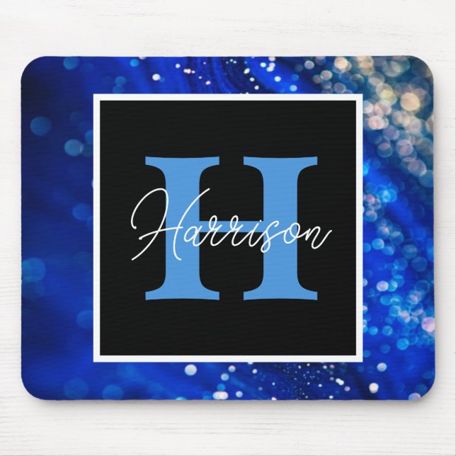 Blauer Shimmer Name und Monogramm Mousepad (Vorne)