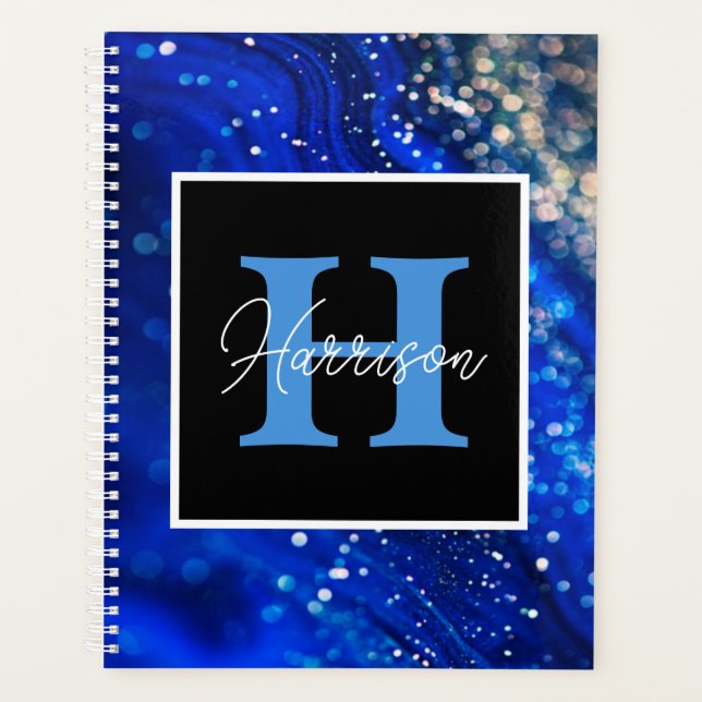 Blauer Shimmer Name und Monogramm Planer (Vorderseite)