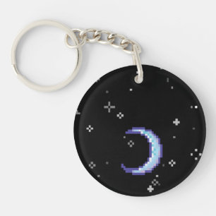 Blauer sichelförmiger Mond mit Stern-Pixel-Kunst Schlüsselanhänger