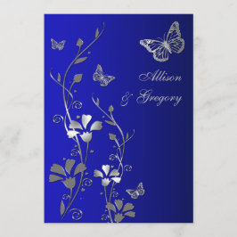 Blauer, silberer Blumenstrauß zum Hochzeitsempfang Einladung