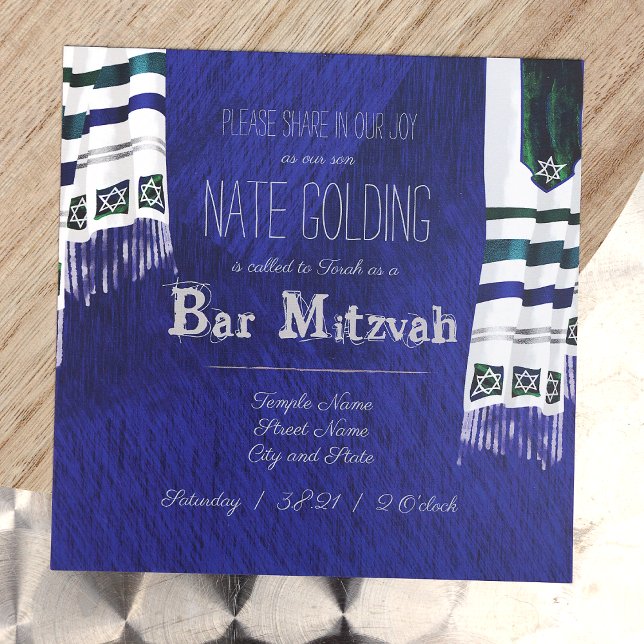 Blauer, Silbergebet Tallit Bar Mitzvah Einladung (Unique Royal Blue Square Bar Mitzvah Invitation with Striped Tallit Prayer Shawls, Striped Silver)