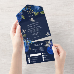 Blauer Silberschmetterling Rose   All In One Einladung