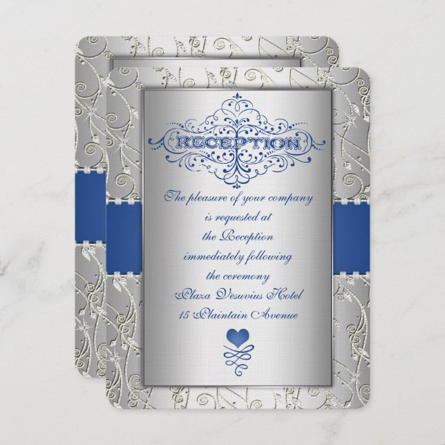 Blauer Silbertypografie Hochzeitsempfang Beilage Einladung (Vorne/Hinten)