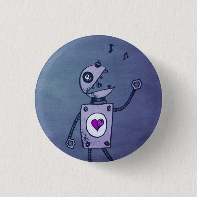 Blauer singender Retro-lustiger Roboter-Cartoon Button (Vorderseite)