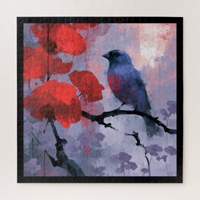 Blauer Singvogel mit kirschroten Blüten Puzzle (Vertikal)