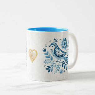 Blauer skandinavischer Volkskunst-Vogel Zweifarbige Tasse