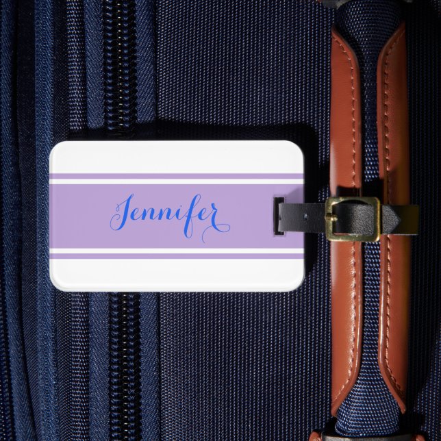 Blauer Skriptname, Lavendelstreifen auf Weiß Gepäckanhänger (Vorderseite Insitu 4)