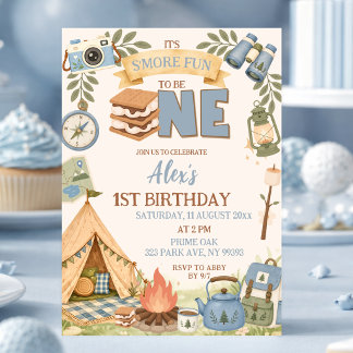Blauer Smore-Spaß zum ersten Geburtstag Einladung