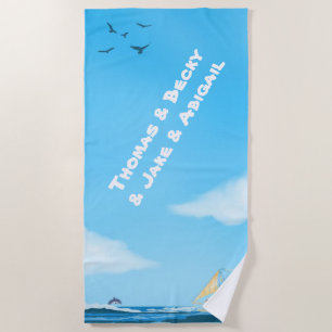 Blauer Sommer, heller Himmel, weißer Name Strandtuch