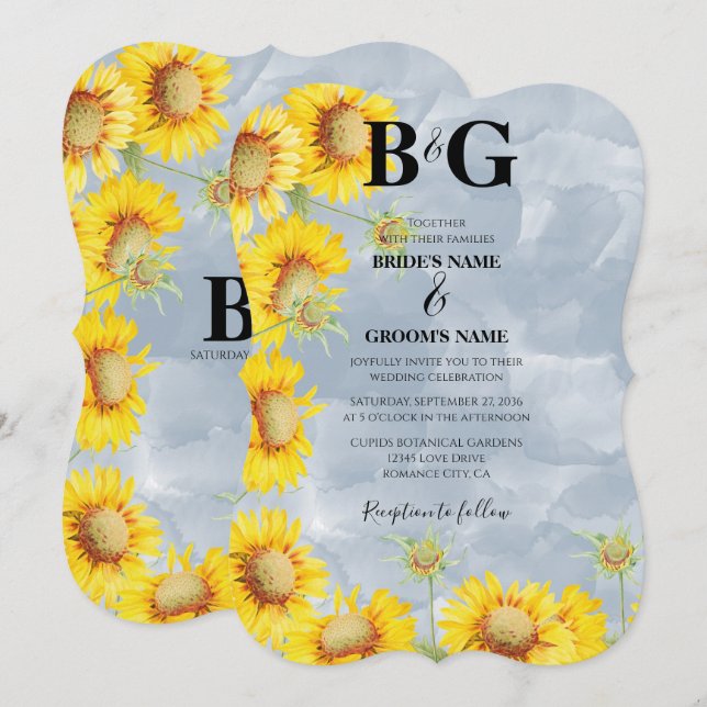 Blauer Sonnenblumen Monogramm Hochzeit Einladung (Vorne/Hinten)