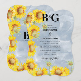 Blauer Sonnenblumen Monogramm Hochzeit Einladung