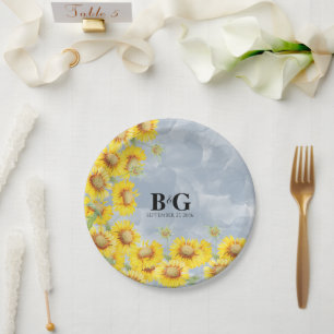 Blauer Sonnenblumen Monogramm Hochzeit Pappteller