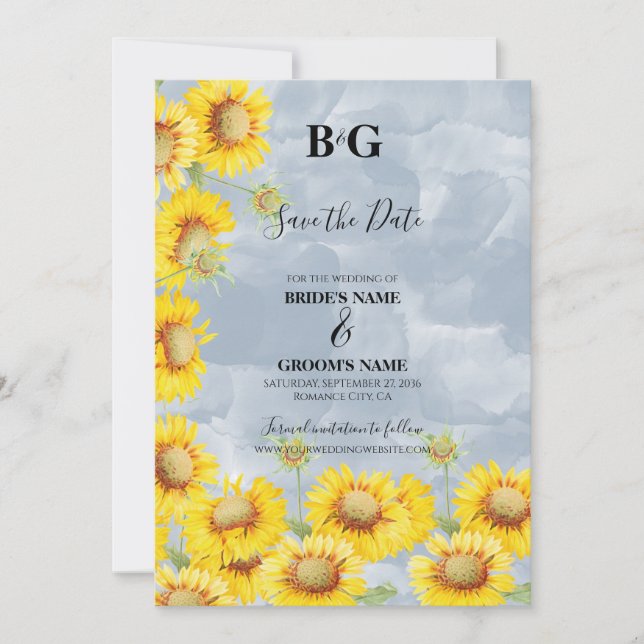 Blauer Sonnenblumen Monogramm Hochzeit Save The Date (Vorderseite)