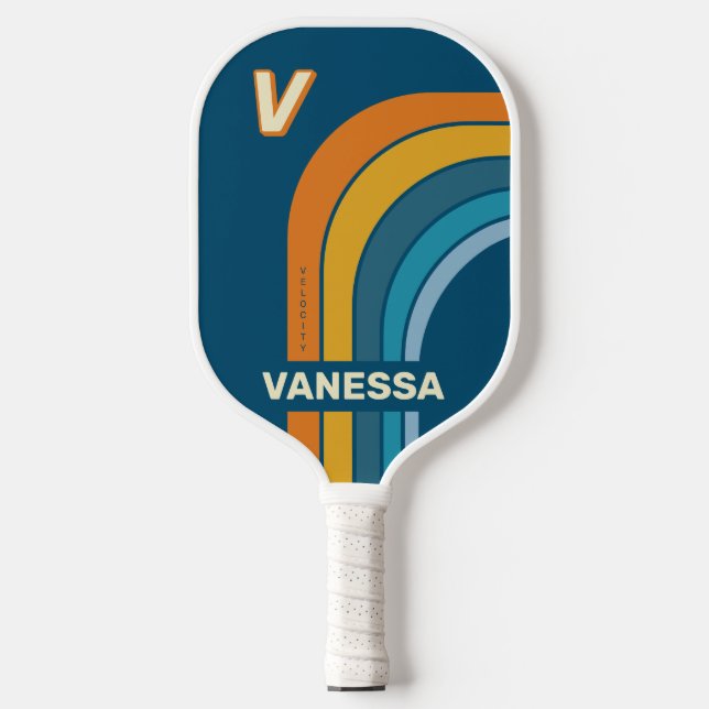 Blauer Sonnenbogen mit Namen und Initiale Pickleball Schläger (Vorderseite)