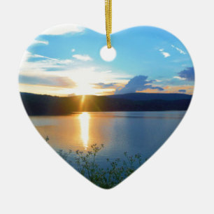 Blauer Sonnenuntergang am See Keramik Ornament