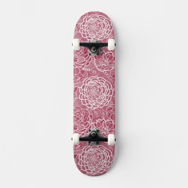Blauer Spitze-Blumen-Musterhintergrund Skateboard (Vorderseite)
