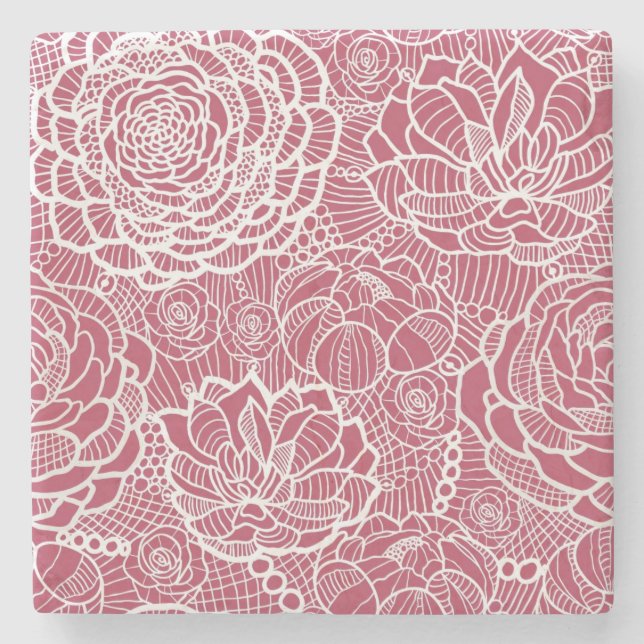 Blauer Spitze-Blumen-Musterhintergrund Steinuntersetzer (Vorderseite)