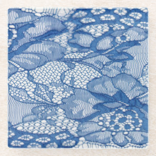 Blauer Spitzenstoff, afrikanisches Tüll-Design. Glasuntersetzer
