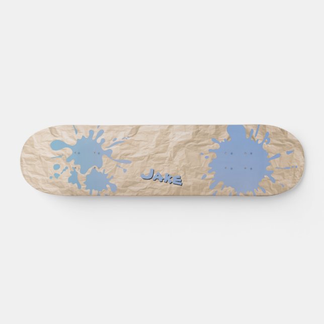 Blauer Spritzer auf altem Papier und Name Skateboard (Horizontal)