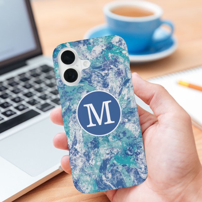 Blauer Spritzer mit individuellem Monogramm iPhone 16 Hülle (Von Creator hochgeladen)