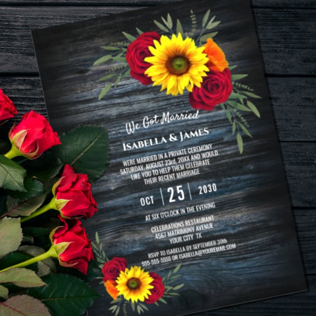 Blauer Stall Holz Sonnenblumen Rose Hochzeitsempfa Einladung (Von Creator hochgeladen)