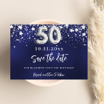 Blauer Sternenhimmel, 50. Geburtstag Save The Date<br><div class="desc">Ein modernes und elegantes Save the Date für einen 50. Geburtstag. Ein marineblau mit silbernen Imitaten dekorierter Hintergrund. Personalisieren und fügen Sie Datum und Namen hinzu. Die blaue Farbe ist ungleichmäßig. Der Text: Save the Date ist mit einem großen angesagten,  handgeschriebenen Stilskript geschrieben.</div>