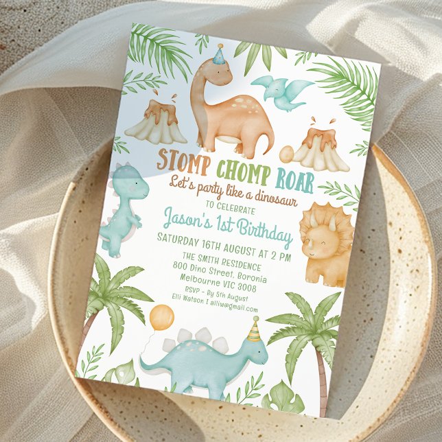 Blauer Stomp Chomp Roar Party wie Dinosaurier Gebu Einladung (Cute Boys Dinosaur Themed Birthday Invitation Stomp Chomp Roar Party Like Dinosaur 1st Birthday)