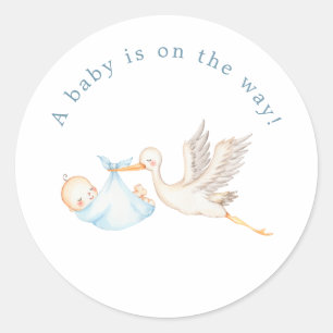 Blauer-Storch-Baby-Party-Rundum-Aufkleber Runder Aufkleber