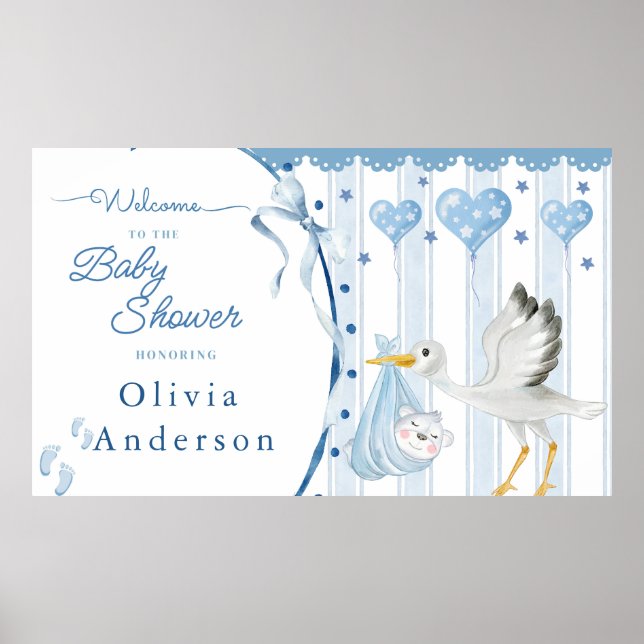 Blauer Storch Baby Shower Cute Custom Poster (Vorne)
