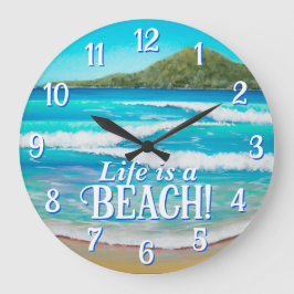 Blauer Strand-Waves Malerei Typografie Große Wanduhr