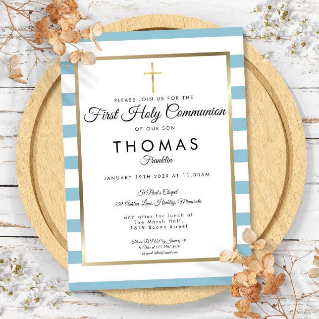 Blauer Streifen Gold Cross Erste Heilige Kommune Einladung (Blue Striped Gold Cross First Holy Communion Invitation)