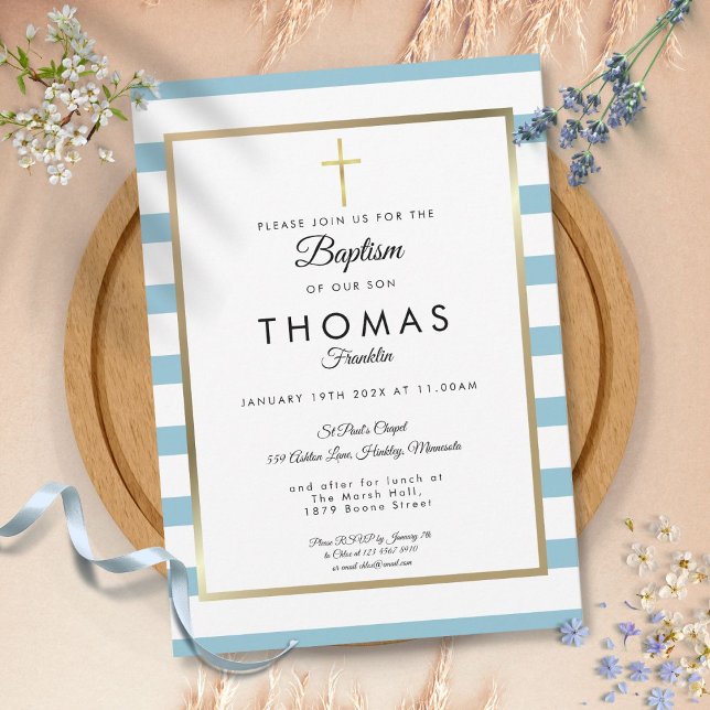 Blauer Streifen Gold Cross Taufen, Christening Einladung (Blue Striped Gold Cross Baptism, Christening Invitation)