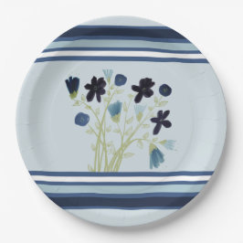 Blauer Streifen und Blumen Pappteller
