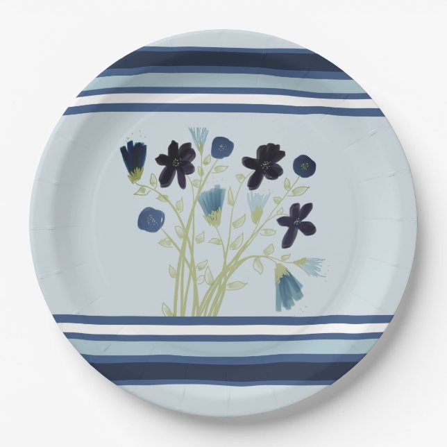 Blauer Streifen und Blumen Pappteller (Vorderseite)