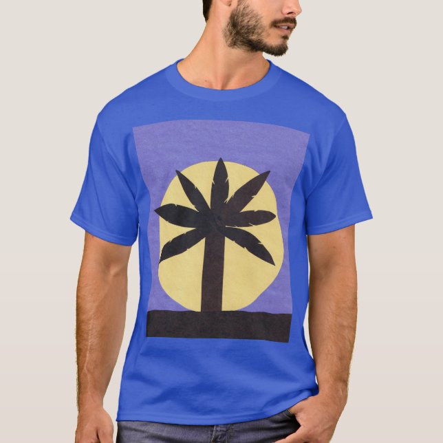 Blauer T - Shirt mit Palmenbaum und Vollmond (Vorderseite)