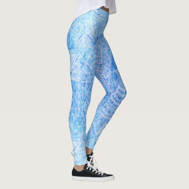 Blauer Tahitian Tapa-Druck Leggings (Rechts)