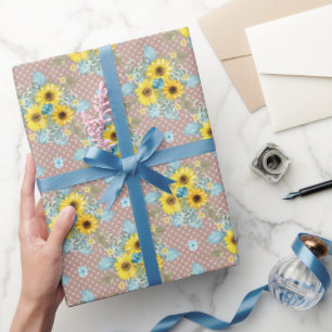 Blauer, Tan und Gelbe Sonnenblumen Geschenkpapier