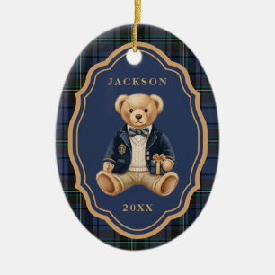 Blauer Tartan-Karo Weihnachts-Teddybär Keramik Ornament