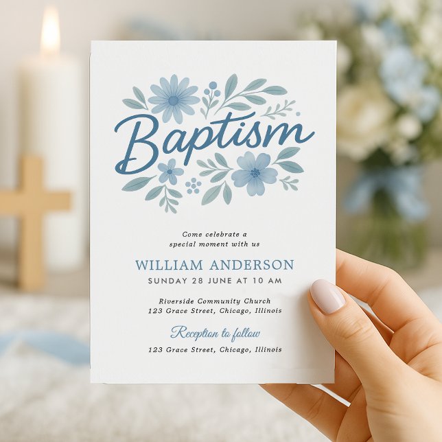 Blauer Taufen Einladung für Baby Boy (Hand holding blue floral baptism invite with candlelight – soft and spiritual boy design)