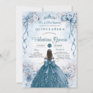 Blauer Teal-Blumenband-Bow-Quinceañera-Geburtstag Einladung
