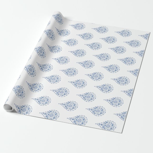 Blauer Teardrop Paisley Geschenkpapier (Ungerollt)