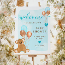 Blauer Teddybär Aquarell Begrüßung Babydusche