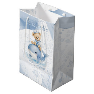 Blauer Teddybär auf Wal-Jungen-Baby-Party Mittlere Geschenktüte