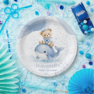 Blauer Teddybär auf Wal-Jungen-Baby-Party Pappteller
