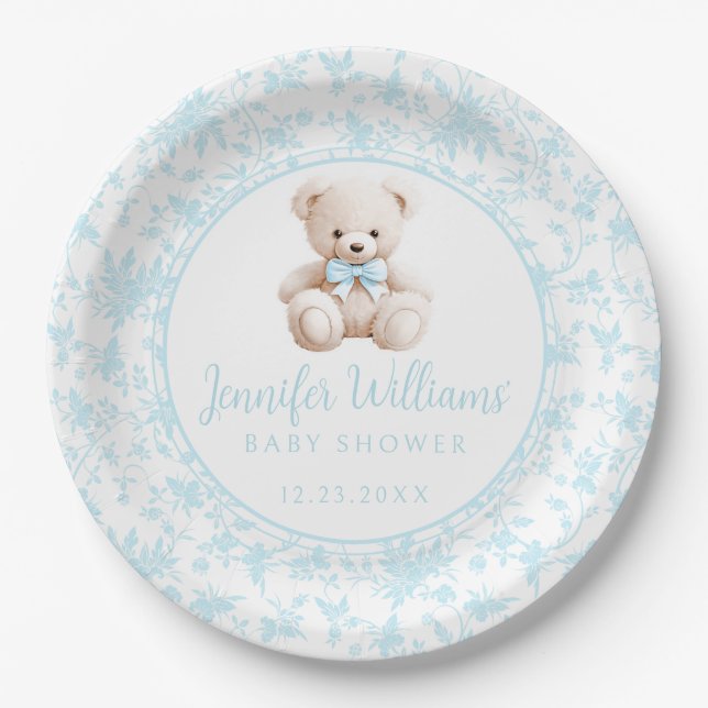 Blauer Teddybär Baby Boy Duschpapier Pappteller (Vorderseite)